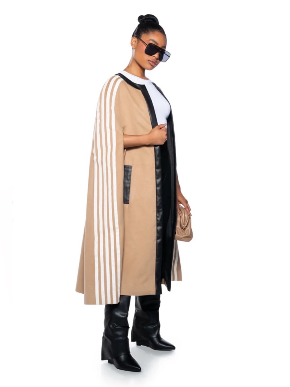 AKIRA Milan Street Style Poncho With Black Trim And White Stripes - Picture 2 of 12